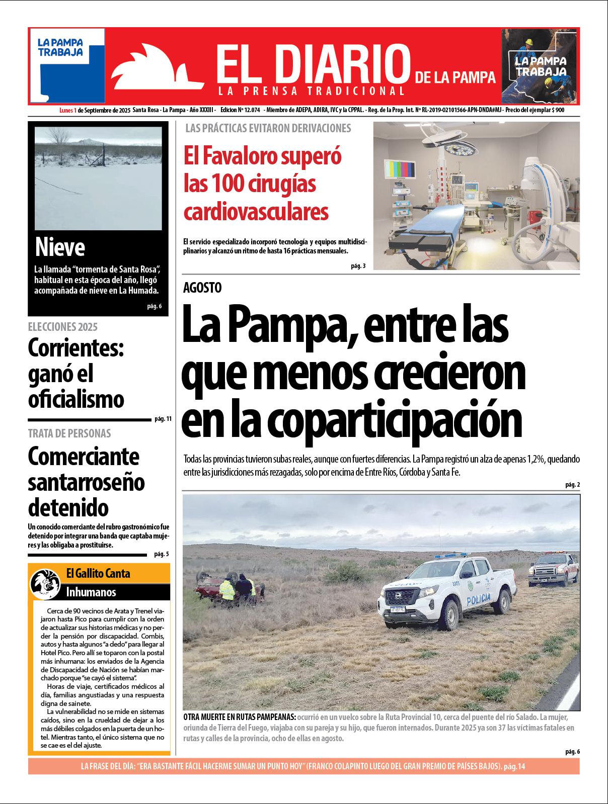 Tapa de El Diario en papel  lunes 01 de septiembre de 2025